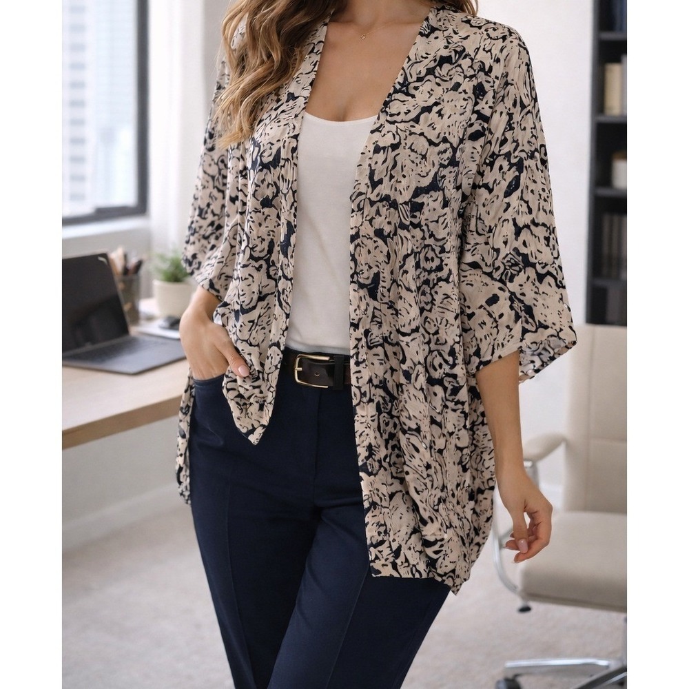 En Creme Black and Cream Floral Drape Cardigan - Picture 3 of 9